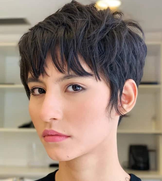 Pixie cut with straight-across bangs