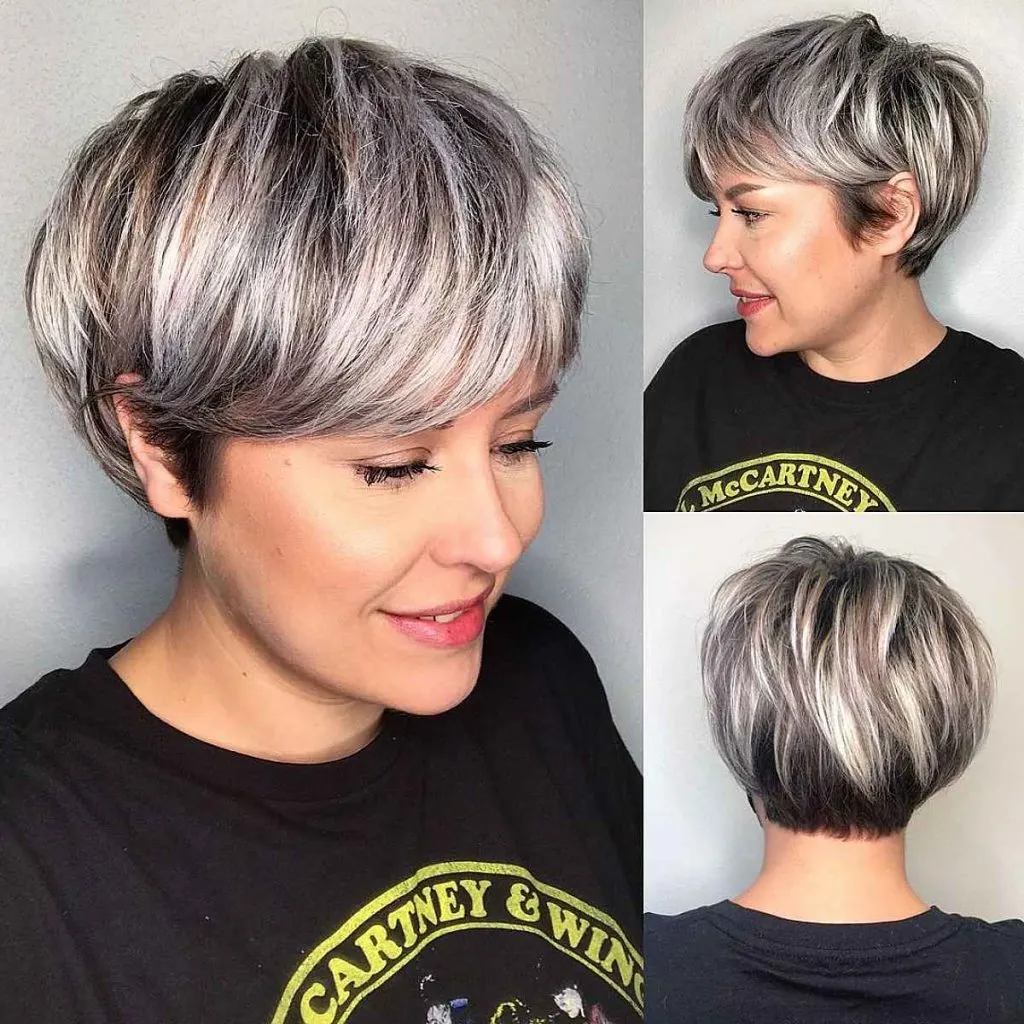 pixie cut with long dimensional bangs