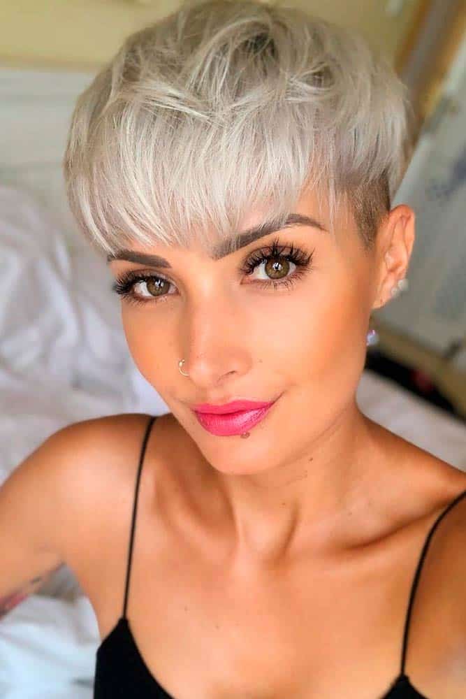 pixie cut with long straight bangs
