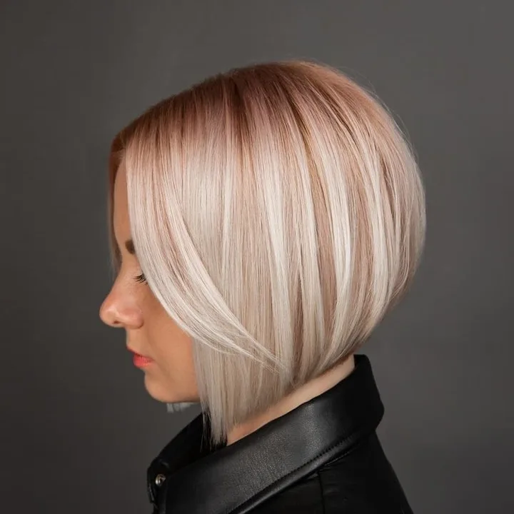 rooted blonde stacked bob