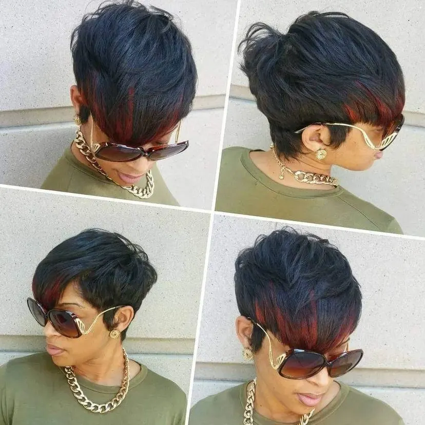 black pixie cut for thick hair with red bangs