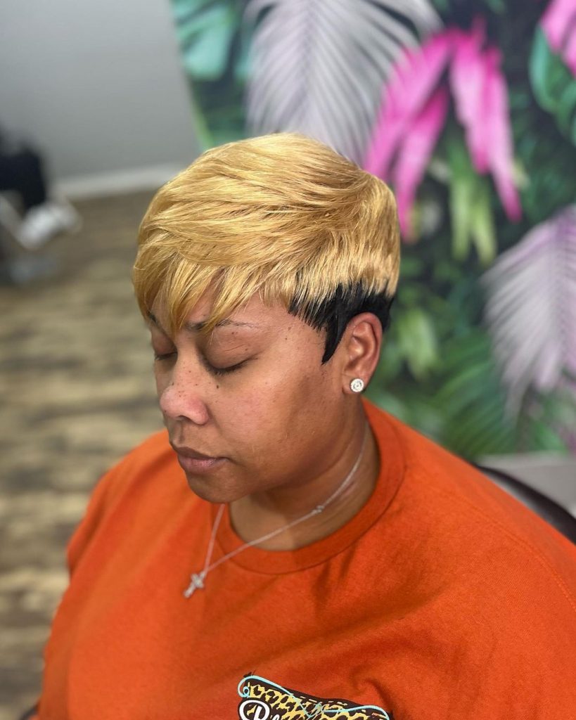 blonde pixie cut with black lowlights