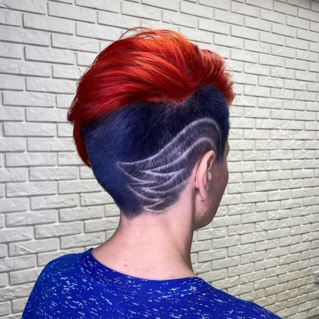 blue and red pixie cut