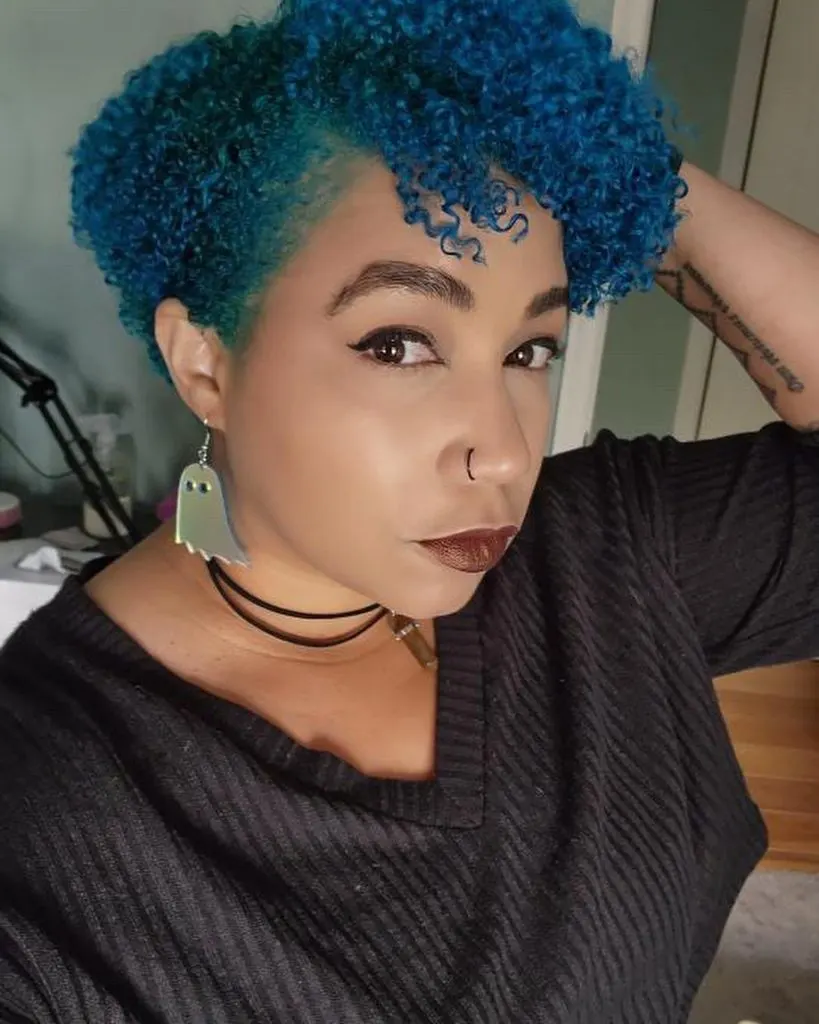 blue edgy curly pixie cut