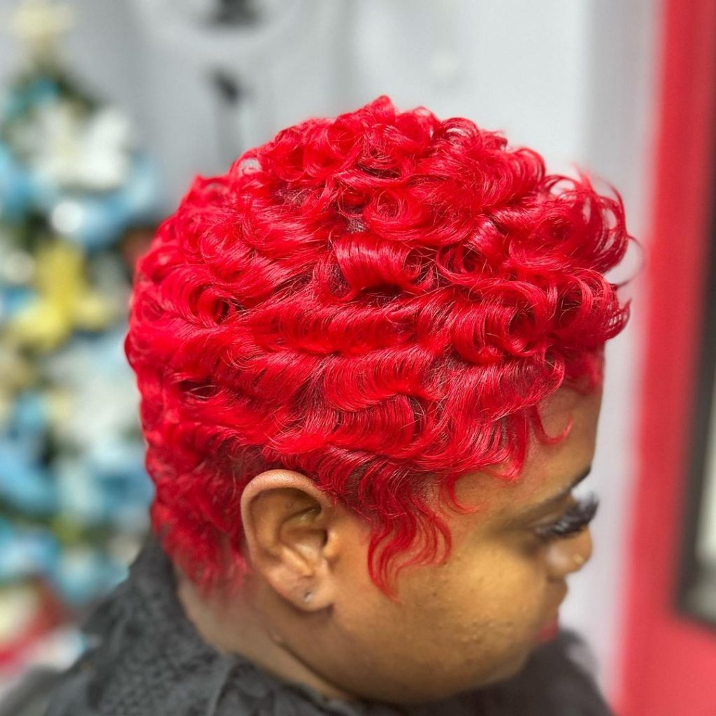 bright red pixie with finger waves