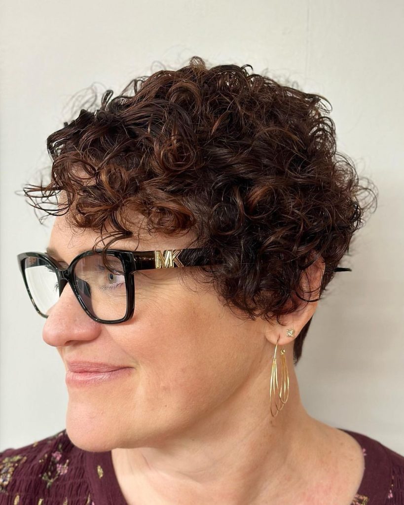 curly pixie cut for ladies with glasses
