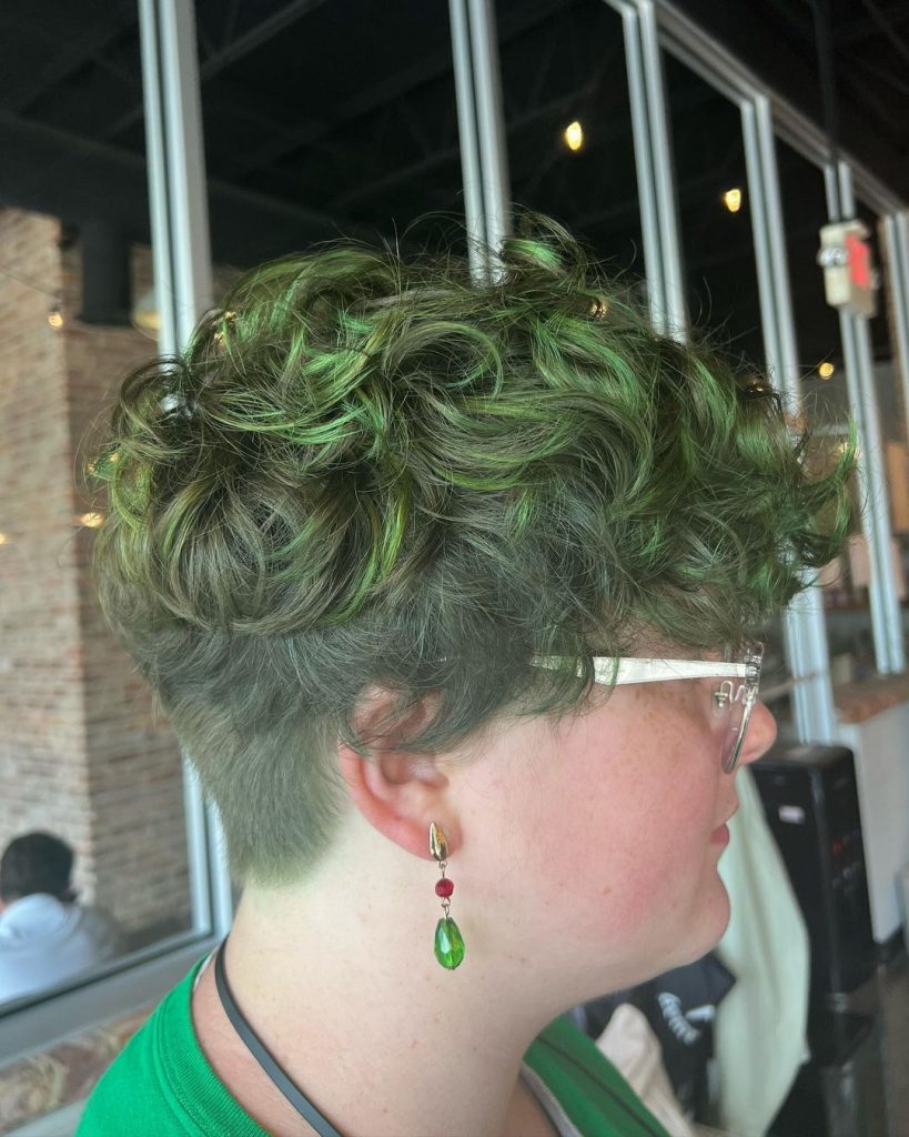 green trendy curly pixie cut