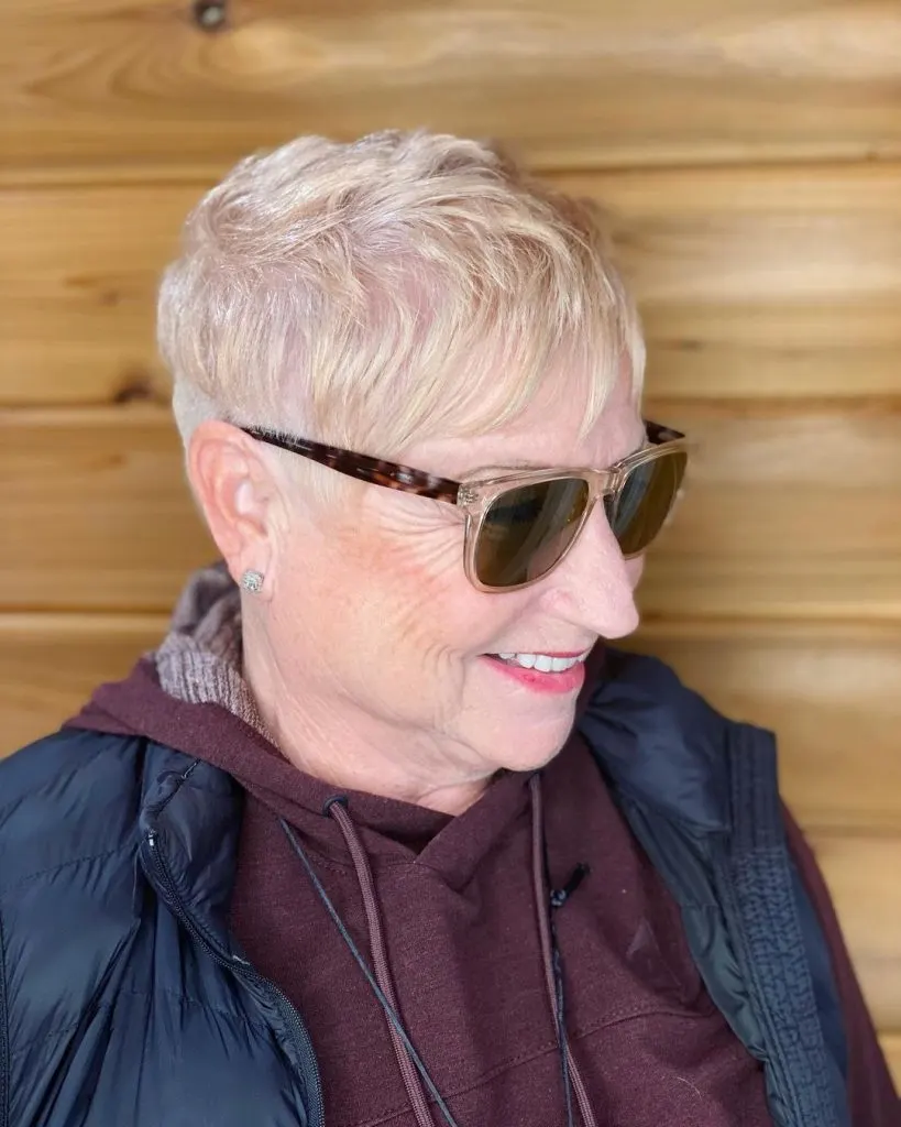 platinum blonde pixie cut for older women