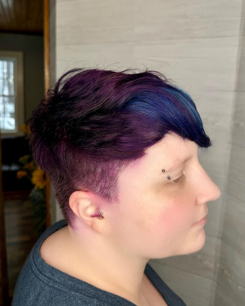 purple pixie cut with blue highlights