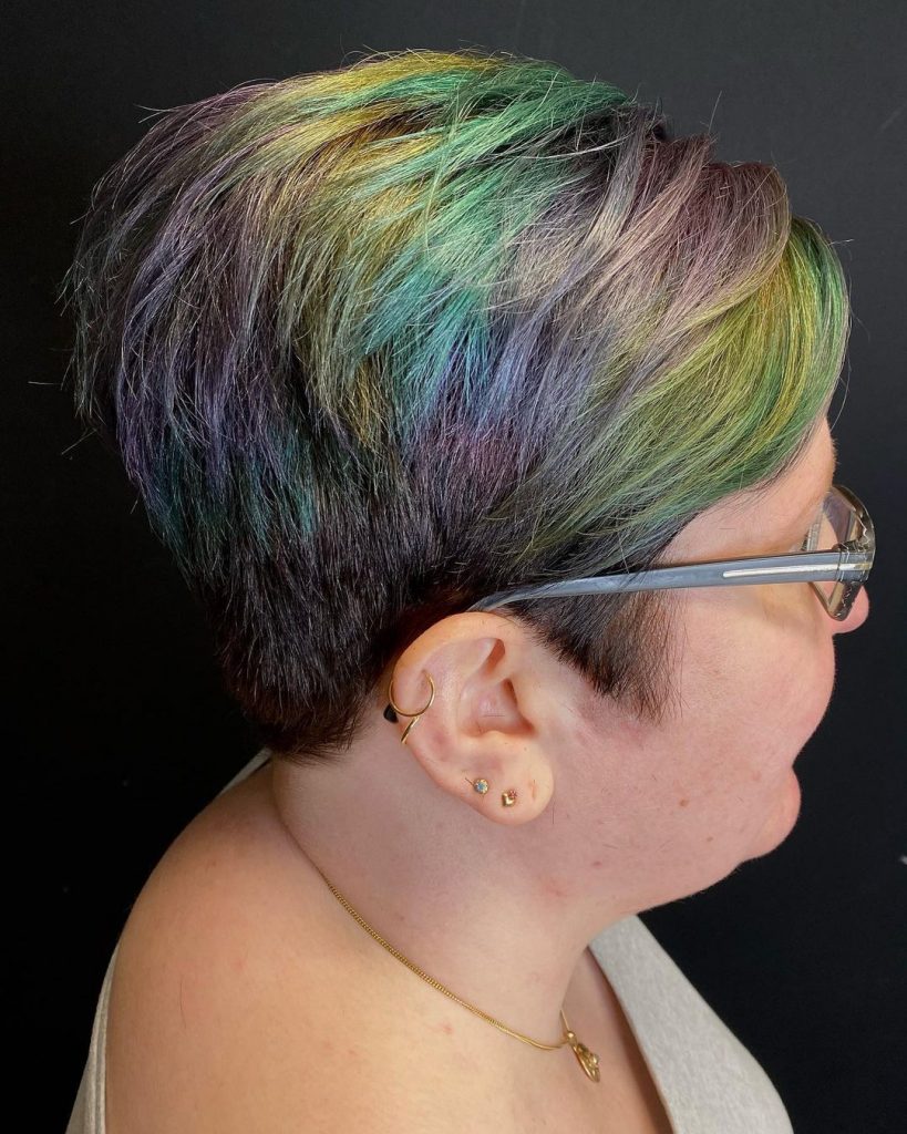 rainbow colored pixie cut for ladies with glasses