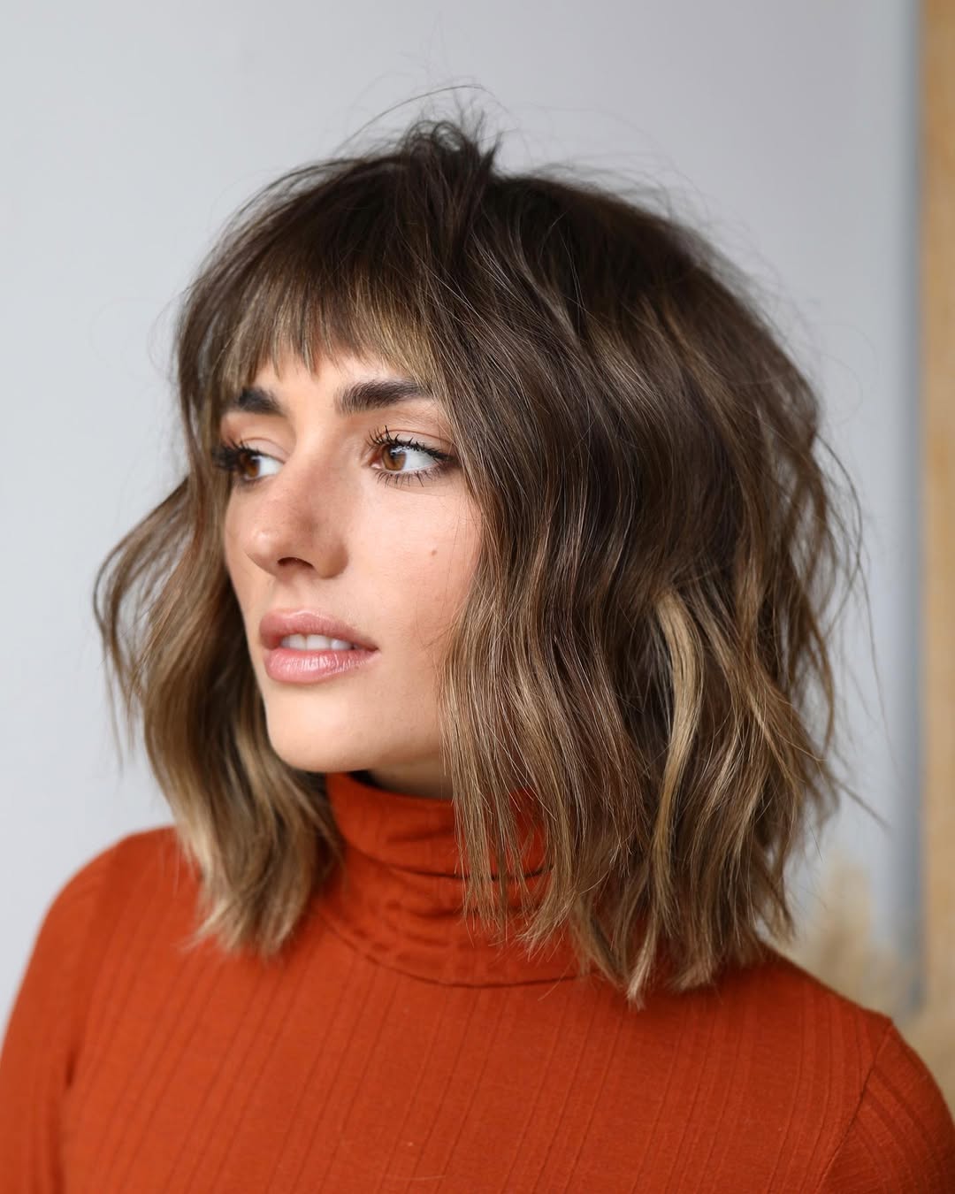 textured lob with choppy bangs