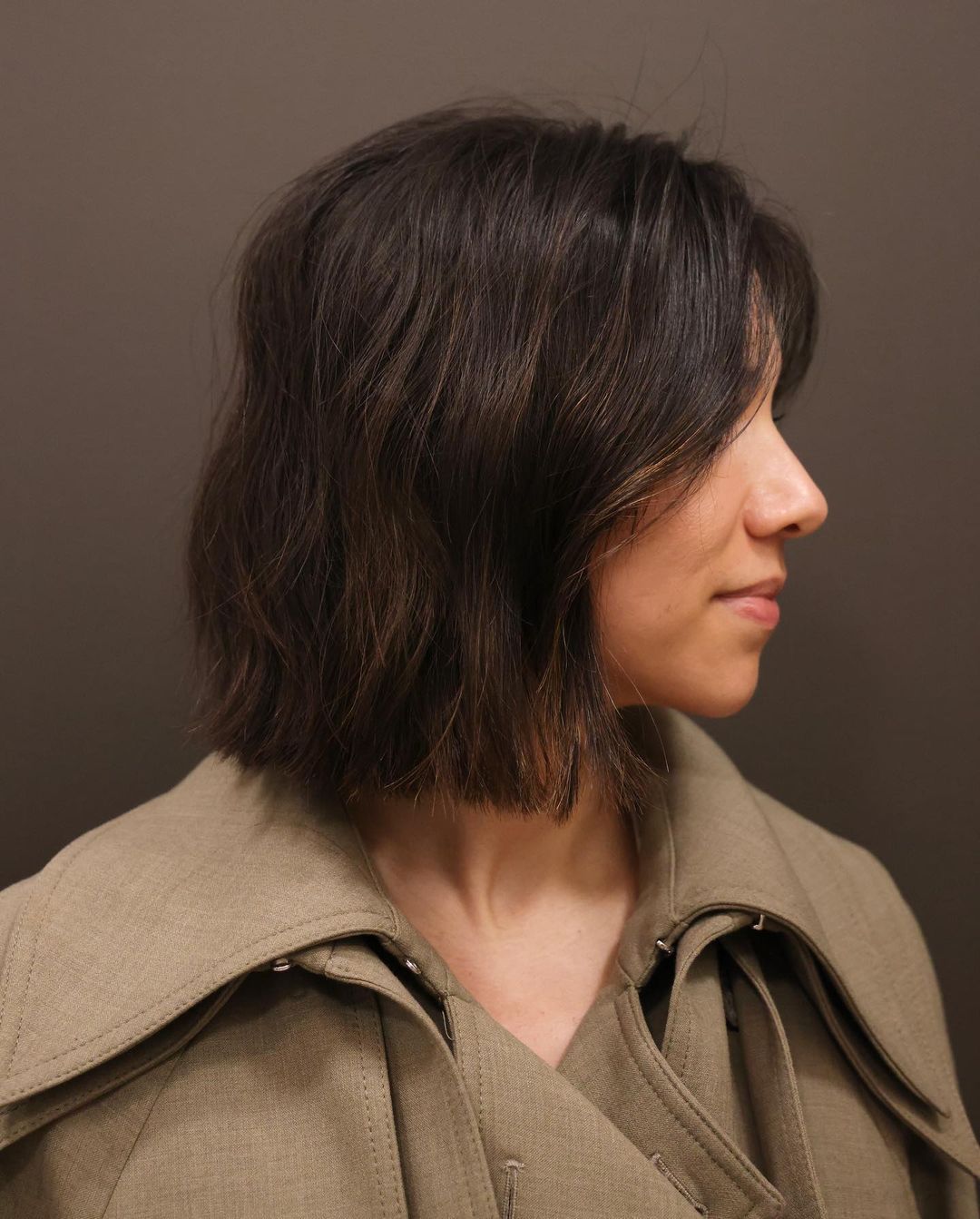 textured bob with curtain bangs