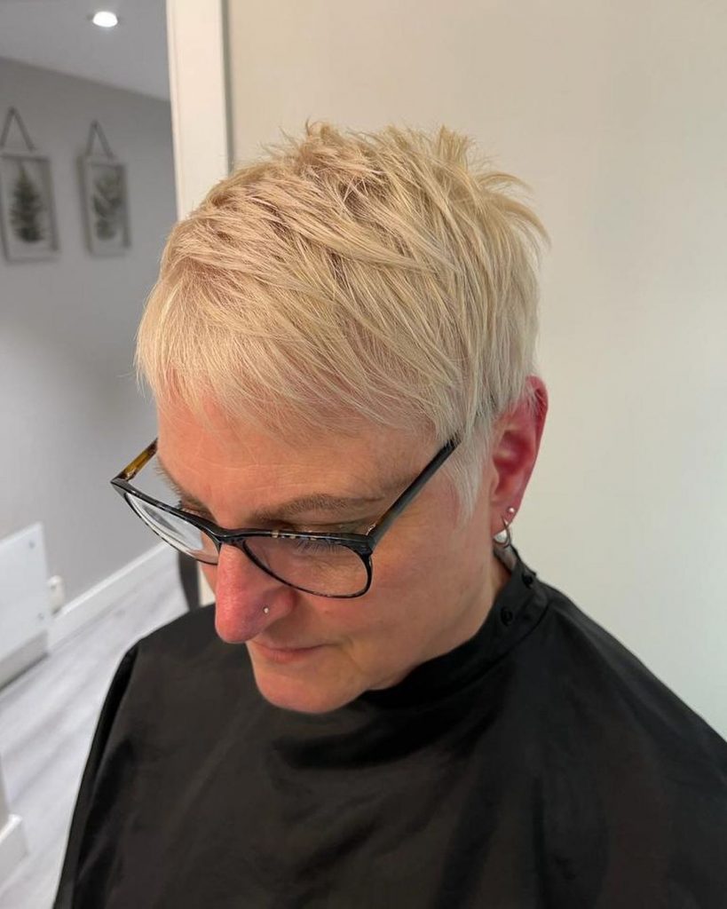 blonde spiky pixie for older ladies with glasses