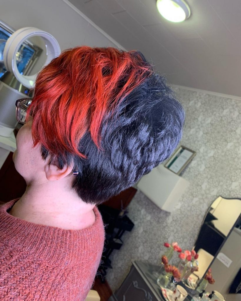 blue and red pixie cut