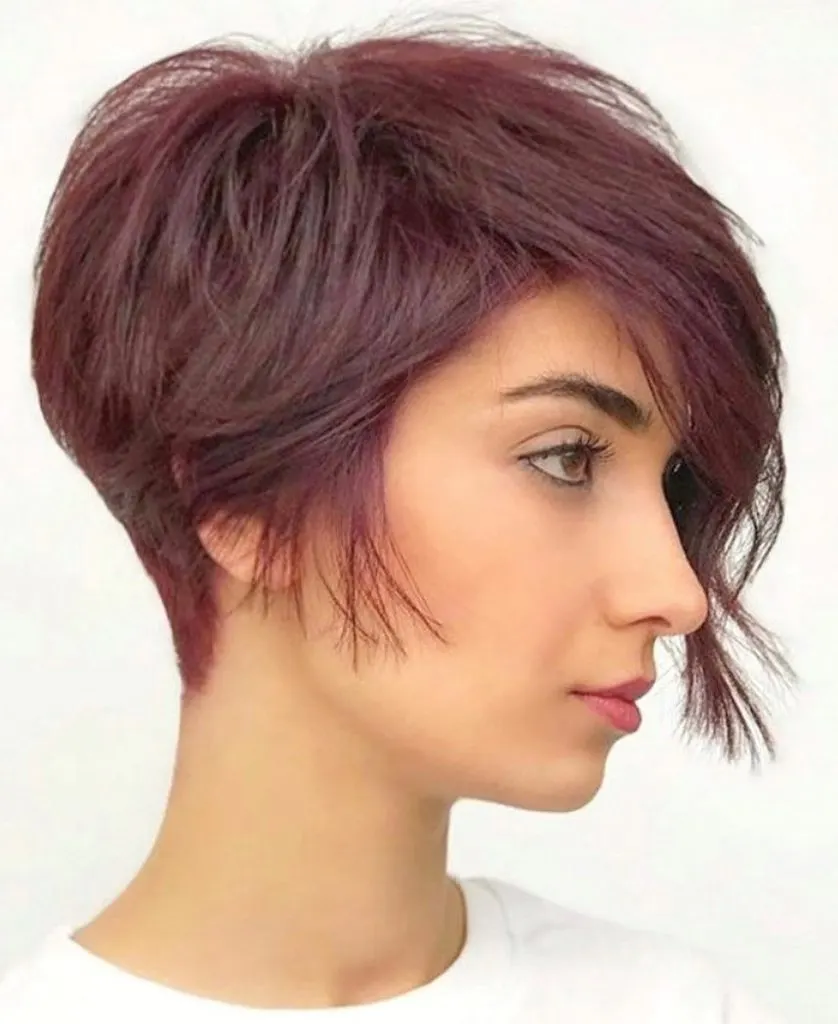 burgundy asymmetrical pixie cut