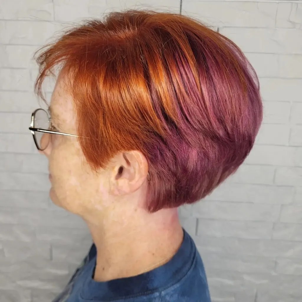 copper and magenta pixie cut for older ladies with glasses