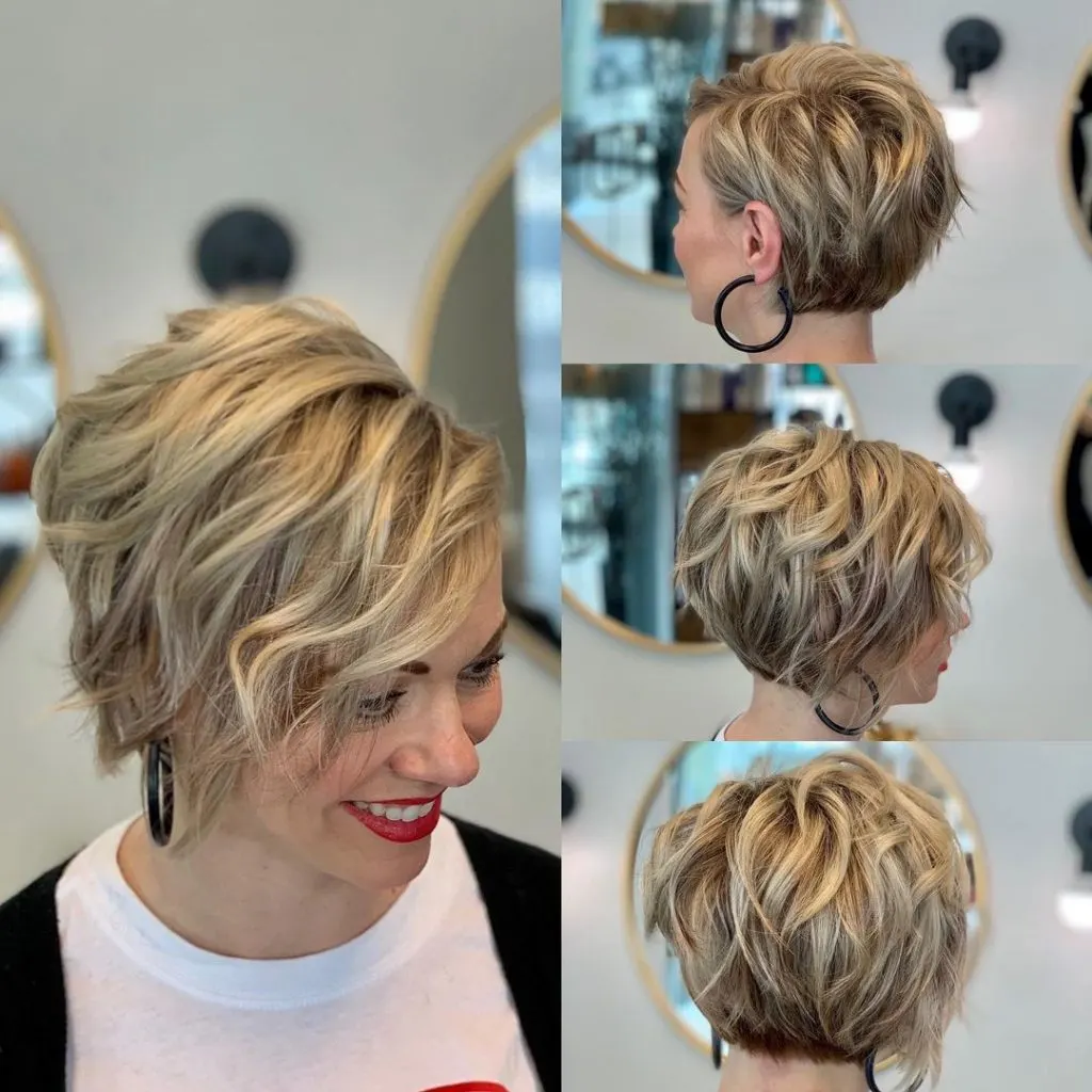 curly blonde pixie with bangs