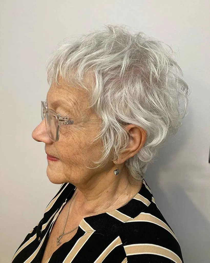 curly choppy pixie cut for older ladies with glasses