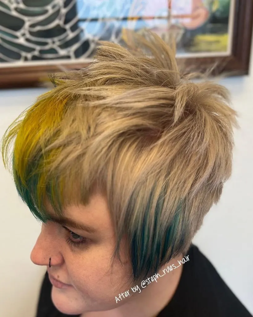 edgy multicolored pixie cut with bangs