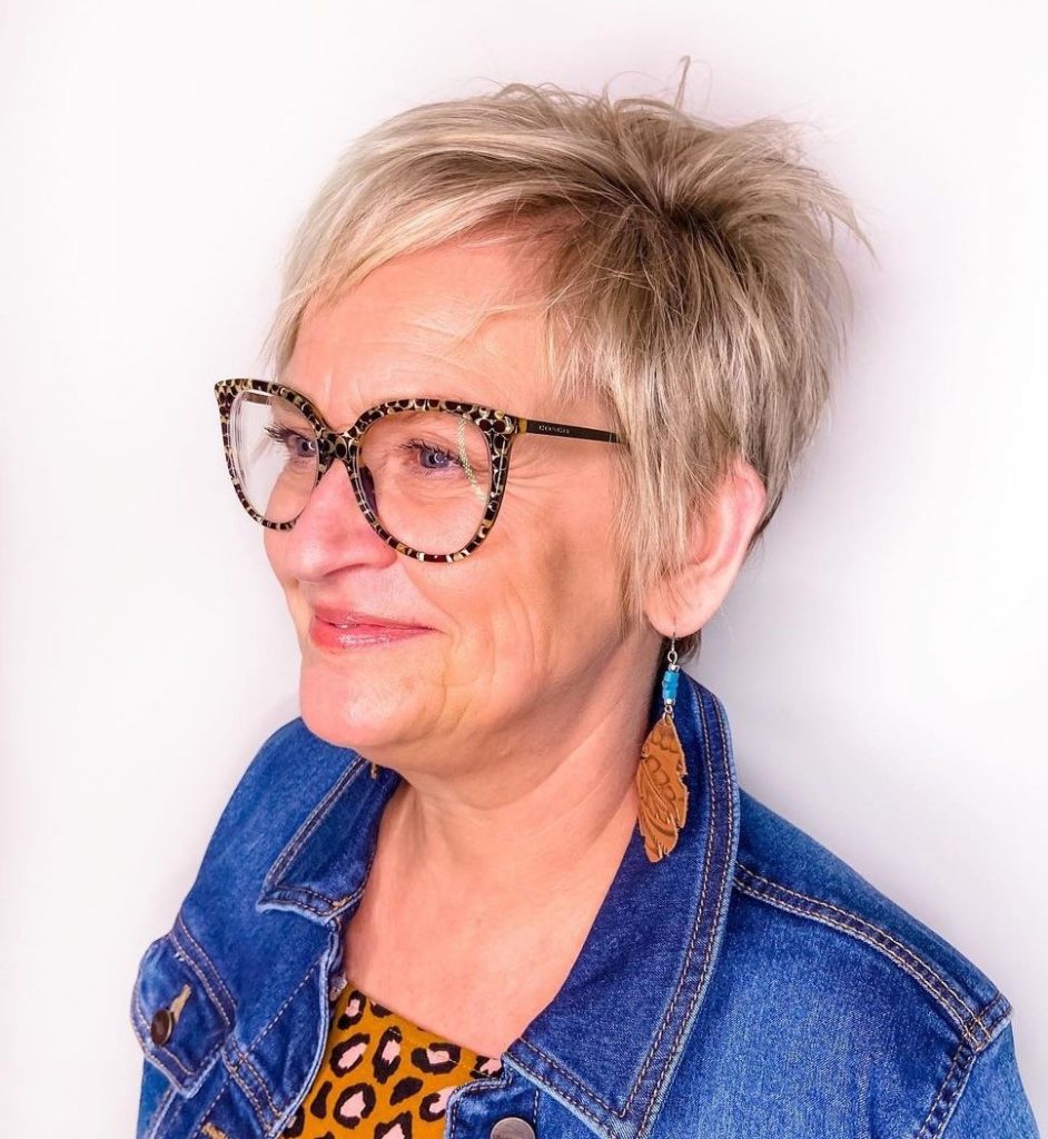 fine thin hair pixie cut for older ladies with glasses