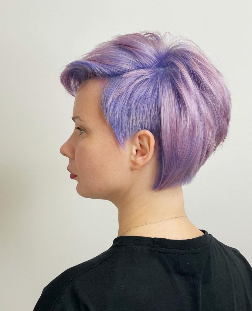 lavender long pixie cut with asymmetrical bangs