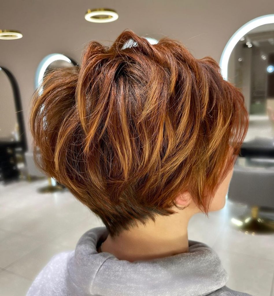 long dark copper choppy pixie cut for thick hair