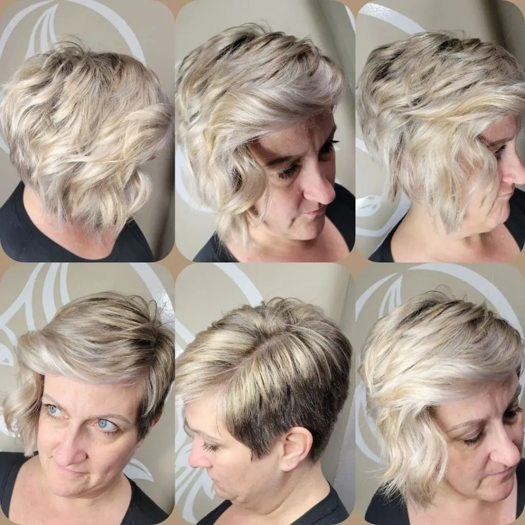 long pixie cut with long curly bangs