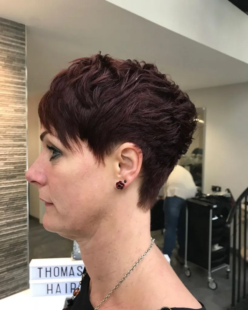 mahogany red choppy pixie cut for thick hair