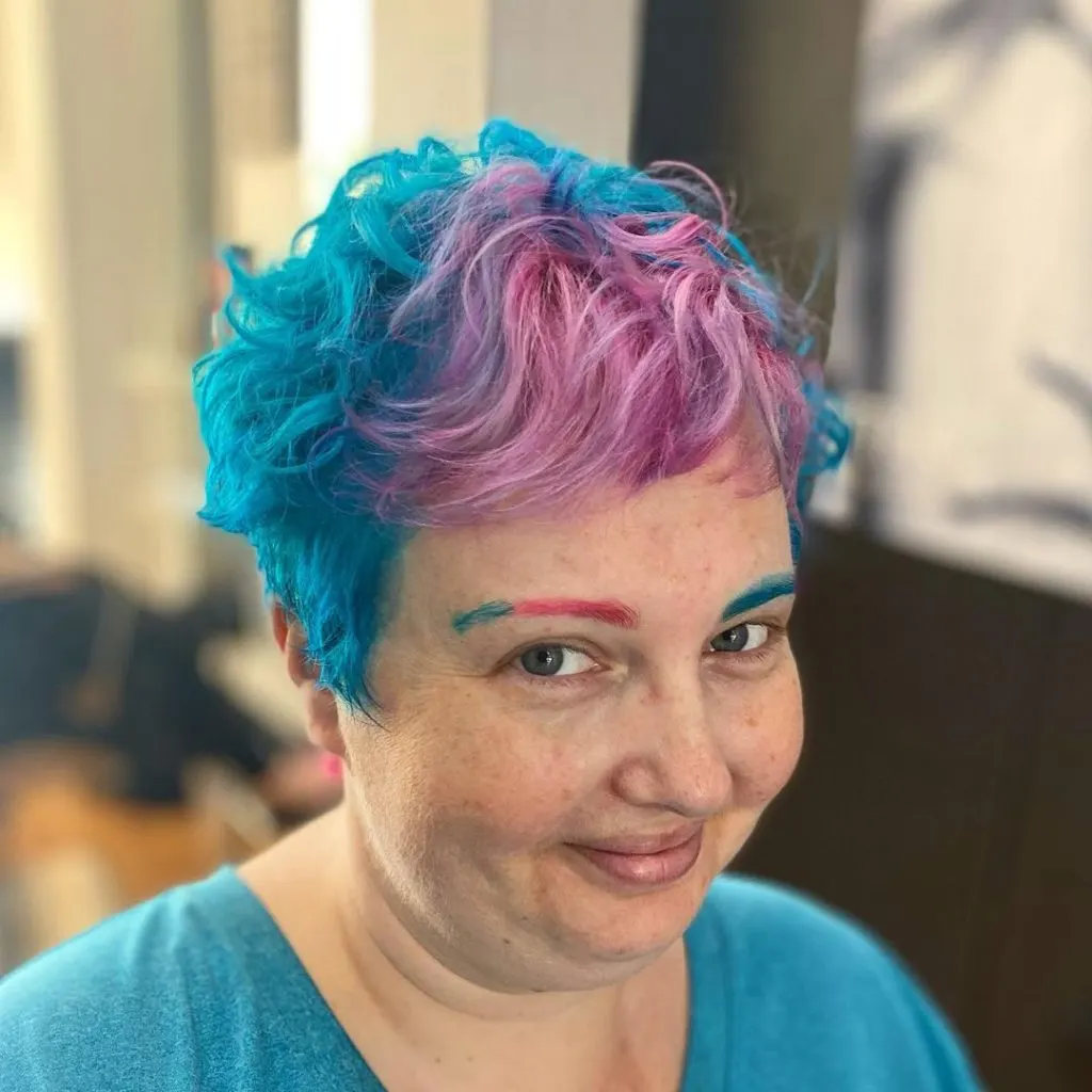 multicolored curly choppy pixie cut for thick hair