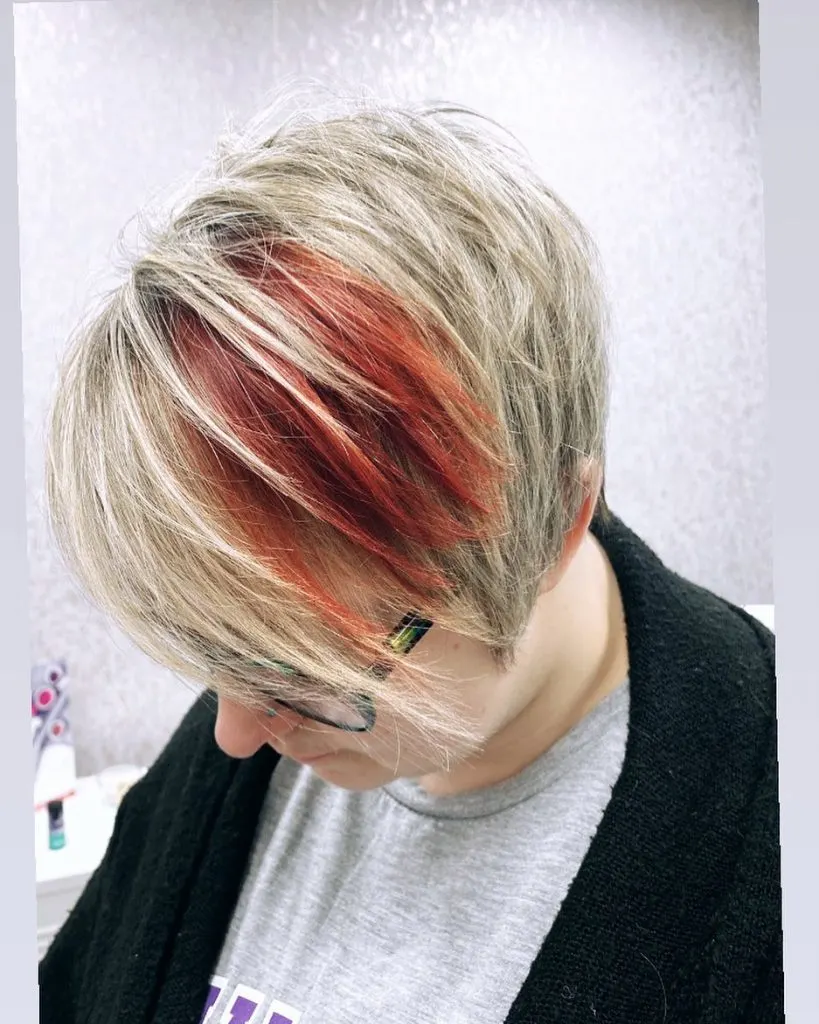pixie cut with red highlights for older ladies with glasses