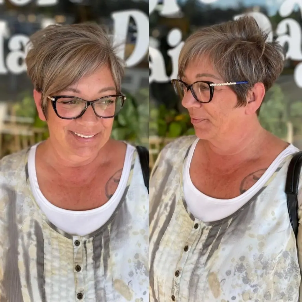 pixie cut with soft highlights for older ladies with glasses