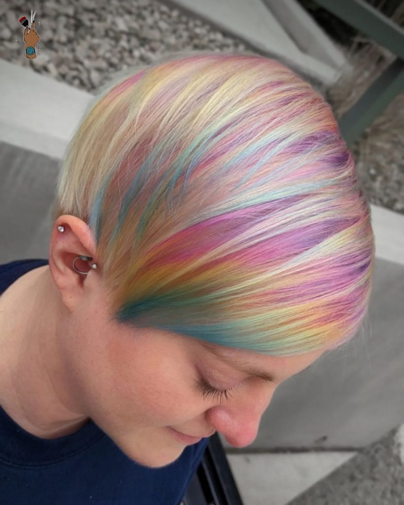 rainbow colored asymmetrical pixie cut