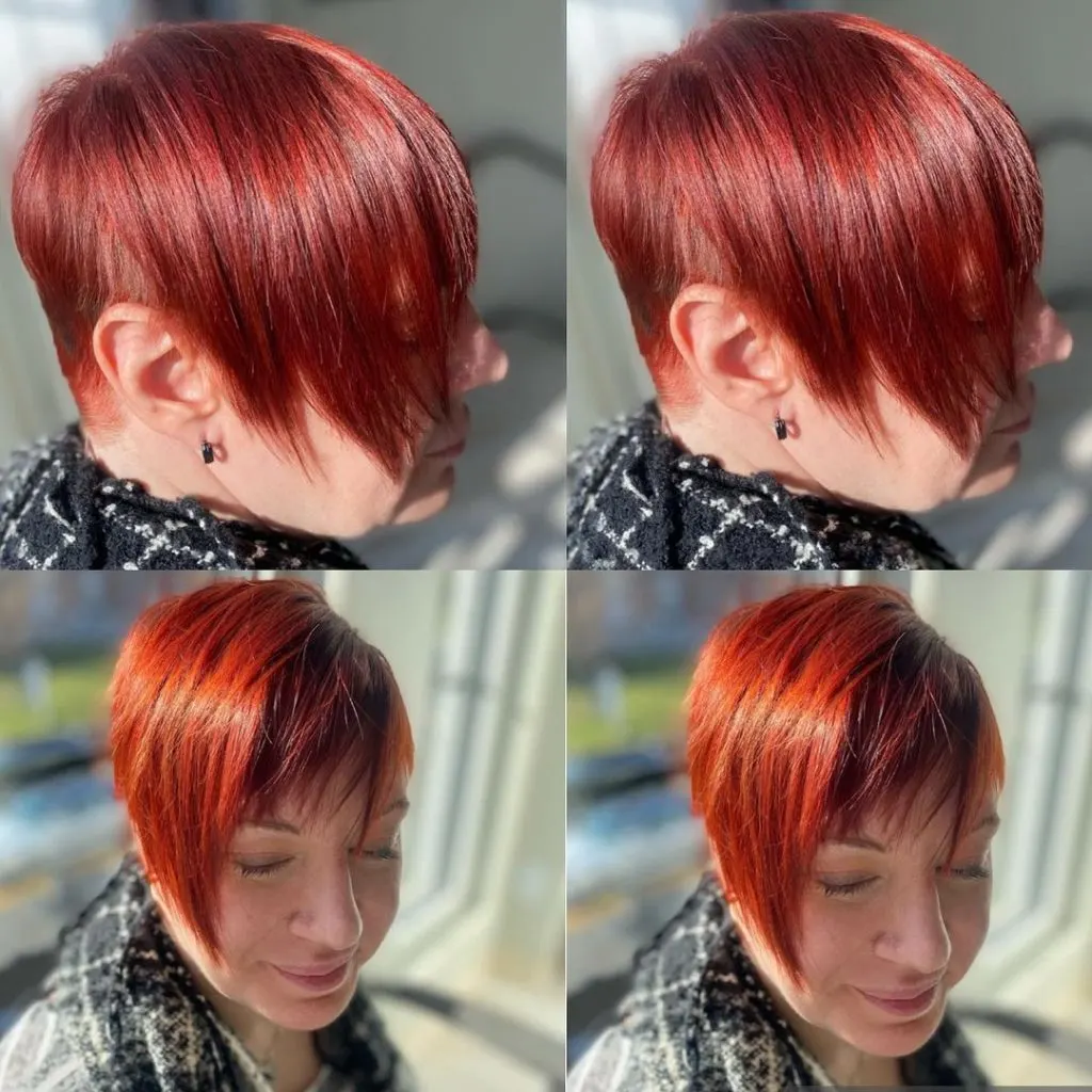 red asymmetrical pixie cut
