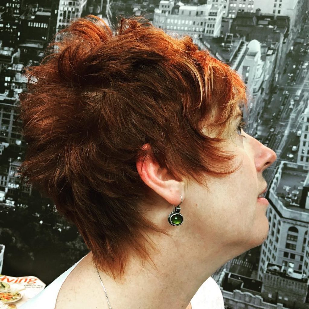 red choppy pixie cut for thick hair with sideburns