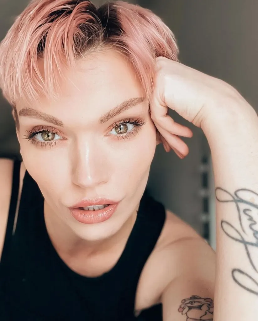 rose gold pastel pink pixie cut