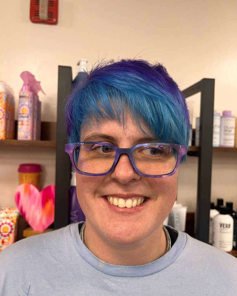 space blue pixie cut for older ladies with glasses
