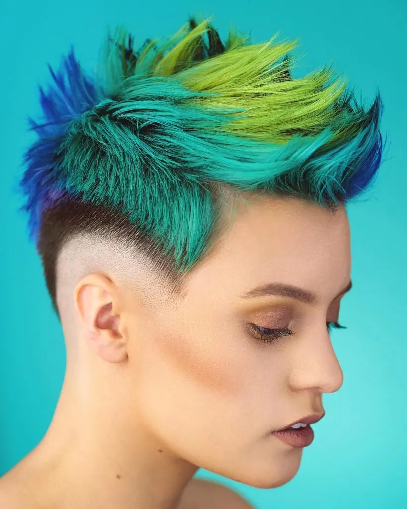 vivid colored choppy pixie cut