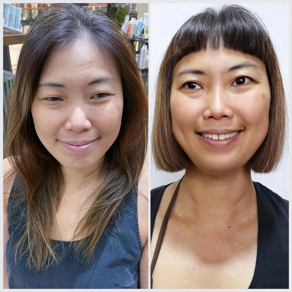 blunt bob cut with bangs for round faces