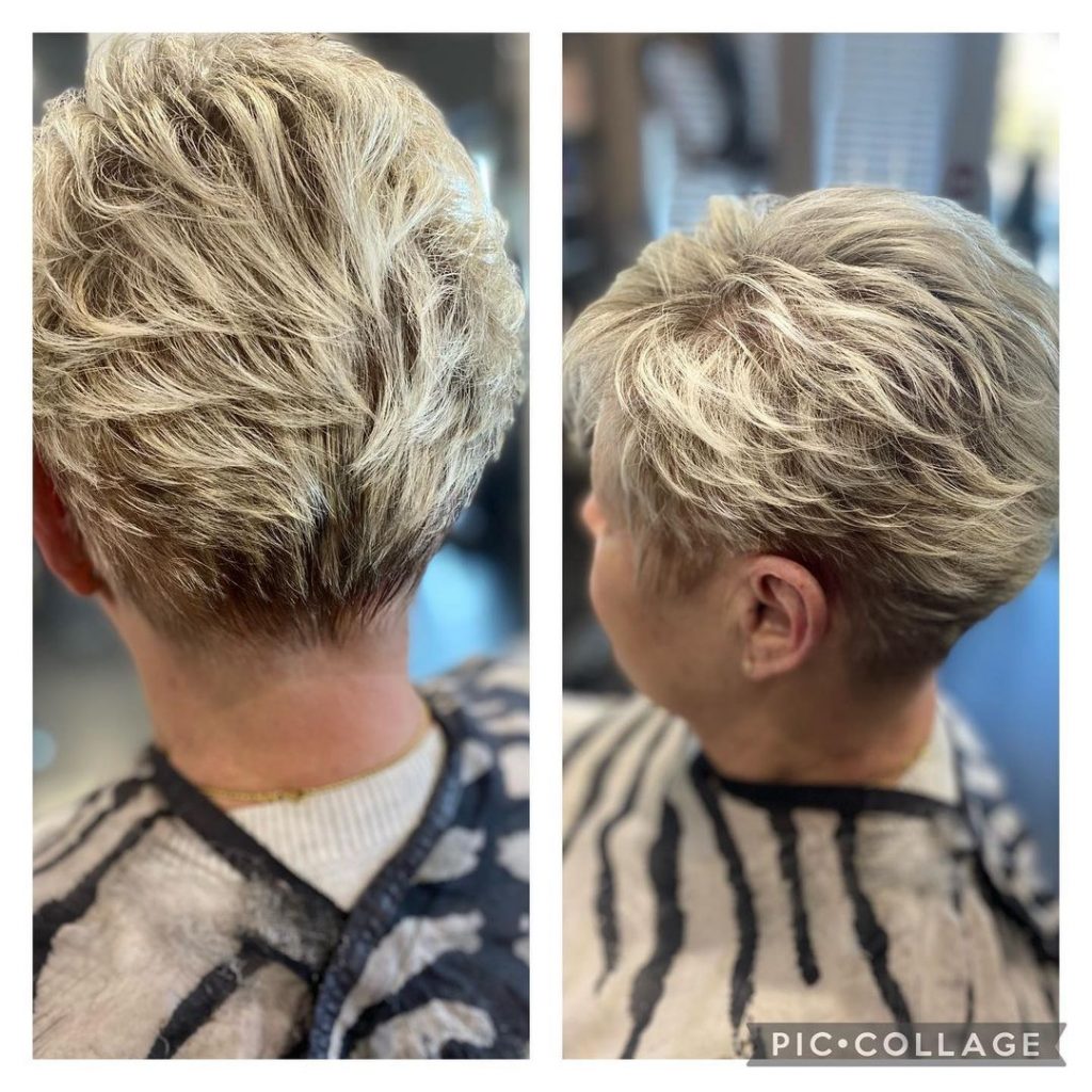 feathered short haircut for older women