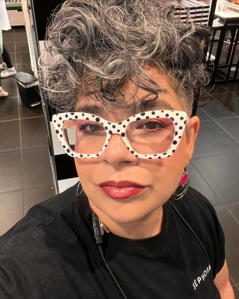 gray mohawk for older ladies with glasses