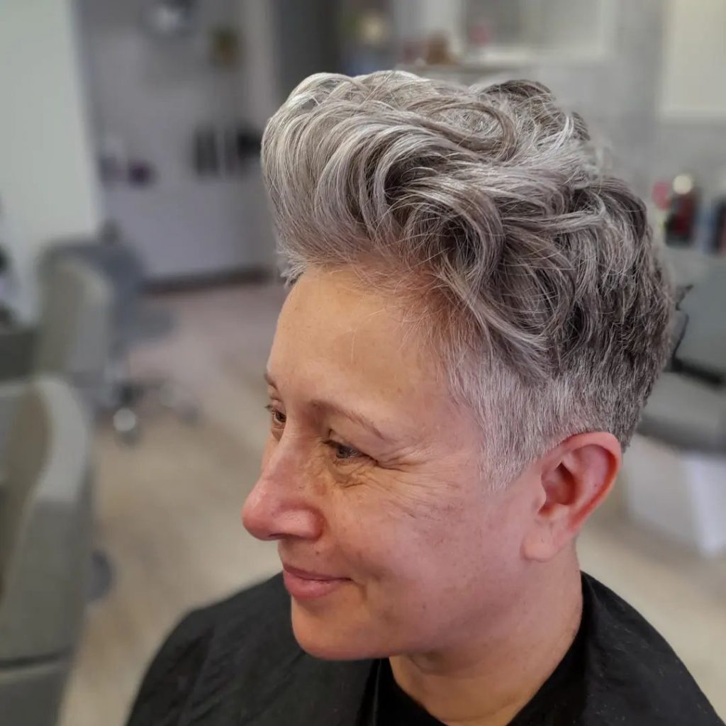 gray pixie with curly bangs for thick hair