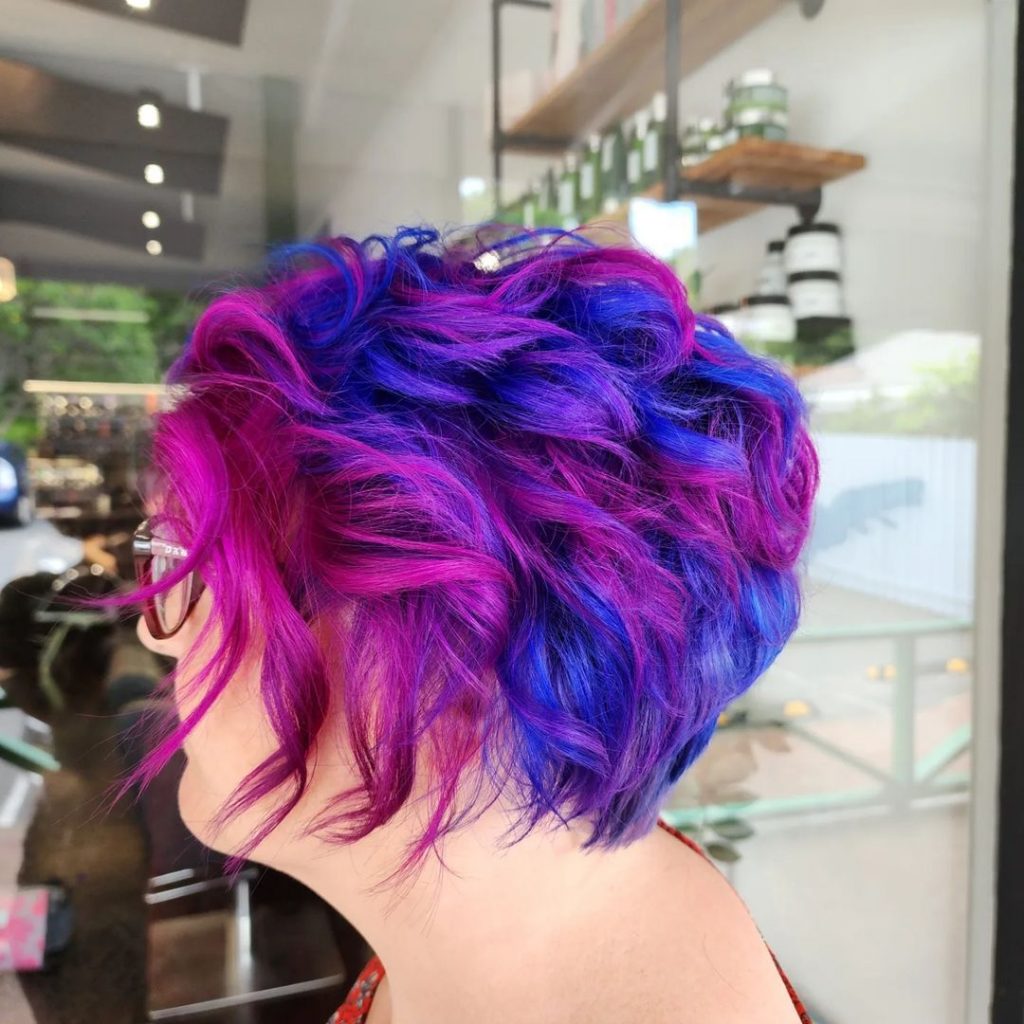 magenta purple and blue curly pixie for thick hair