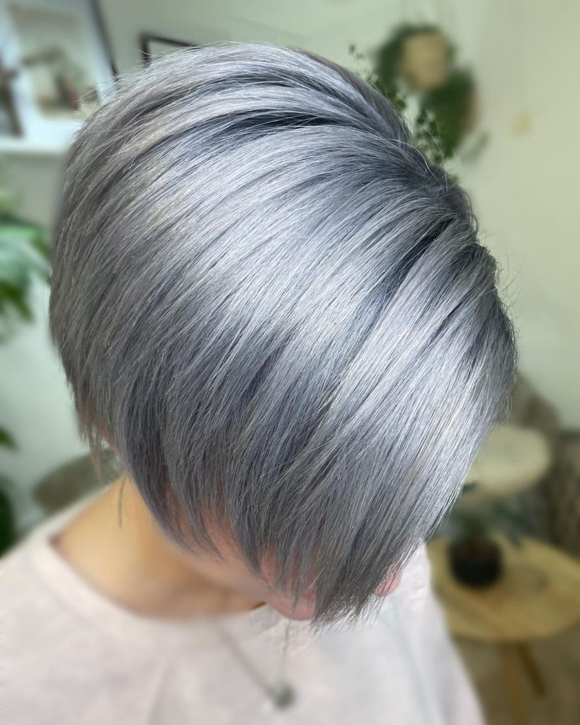 metallic gray short haircut for older women