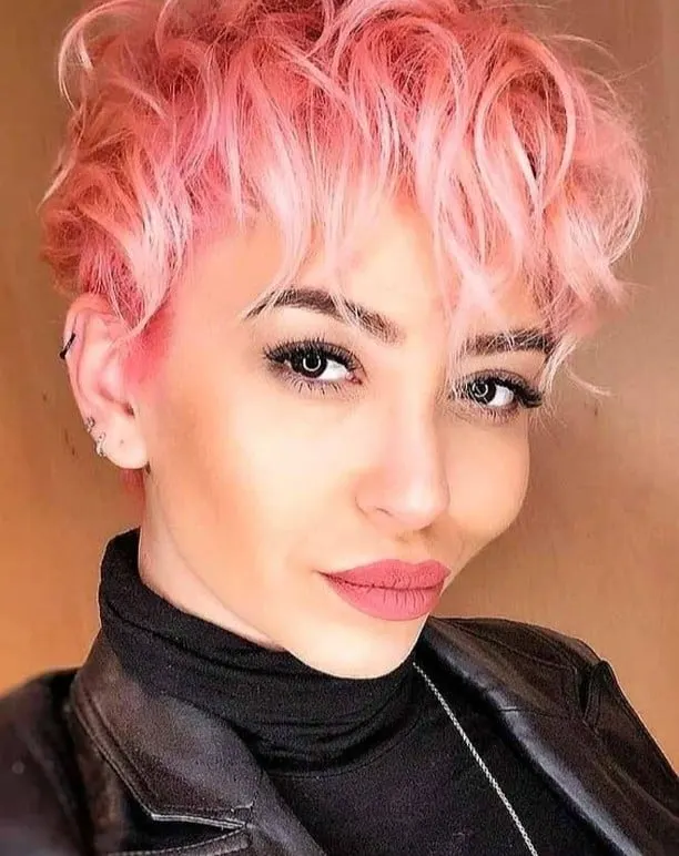 pastel pink shaggy pixie cut for fine hair