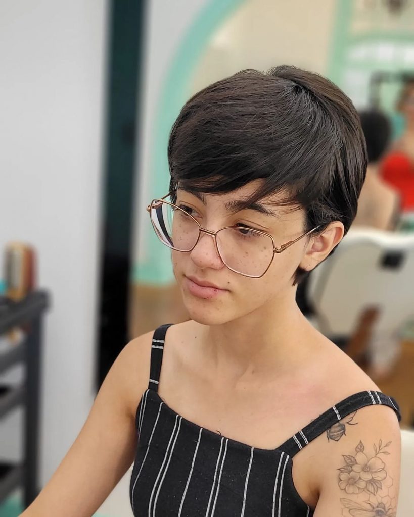 pixie cut for young women with thick hair and glasses