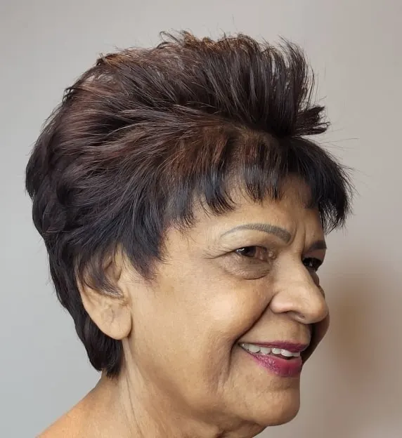 pixie cut with extra short bangs for older women