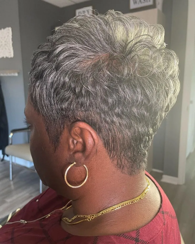 short gray curly pixie cut for older women