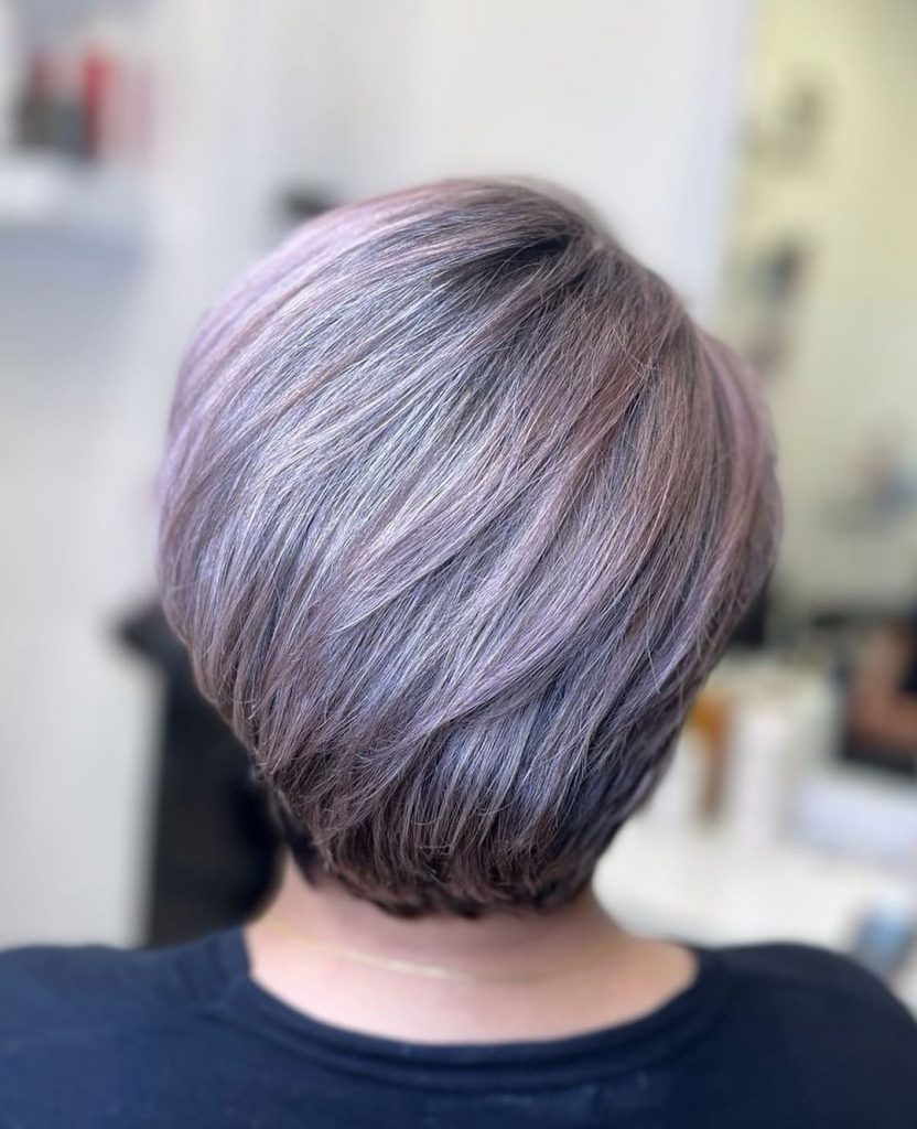 violet silver short haircut for older women