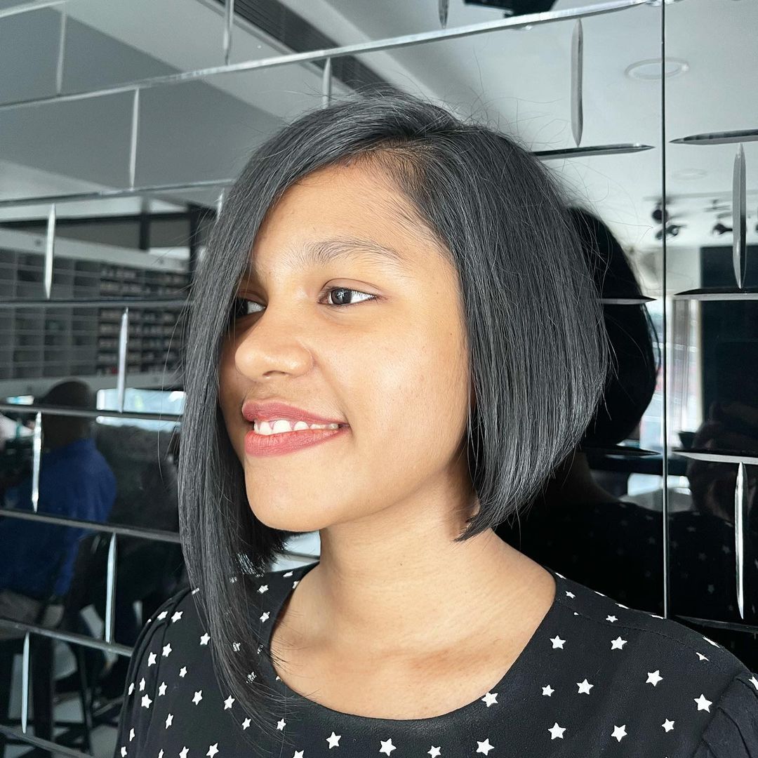 short rounded asymmetrical bob