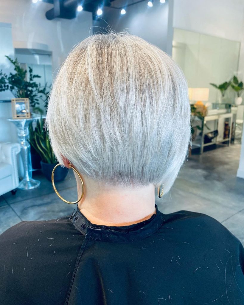 asymmetrical gray bixie cut for women over 60